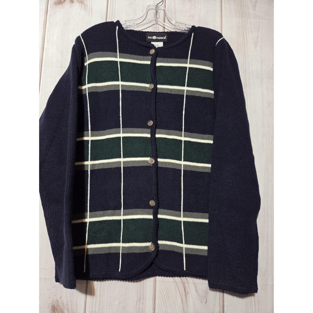 Vintage Sag Harbor Sweater Womens Medium Blue Plaid Knit Button Cardigan 90s
